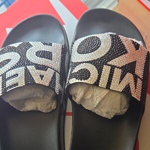 Michael Kors Black and Silver Women's Slide Sandals